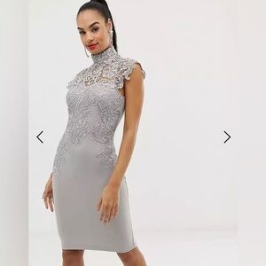 NWT Club London gray cocktail dress with crotchet/lace detail size 6